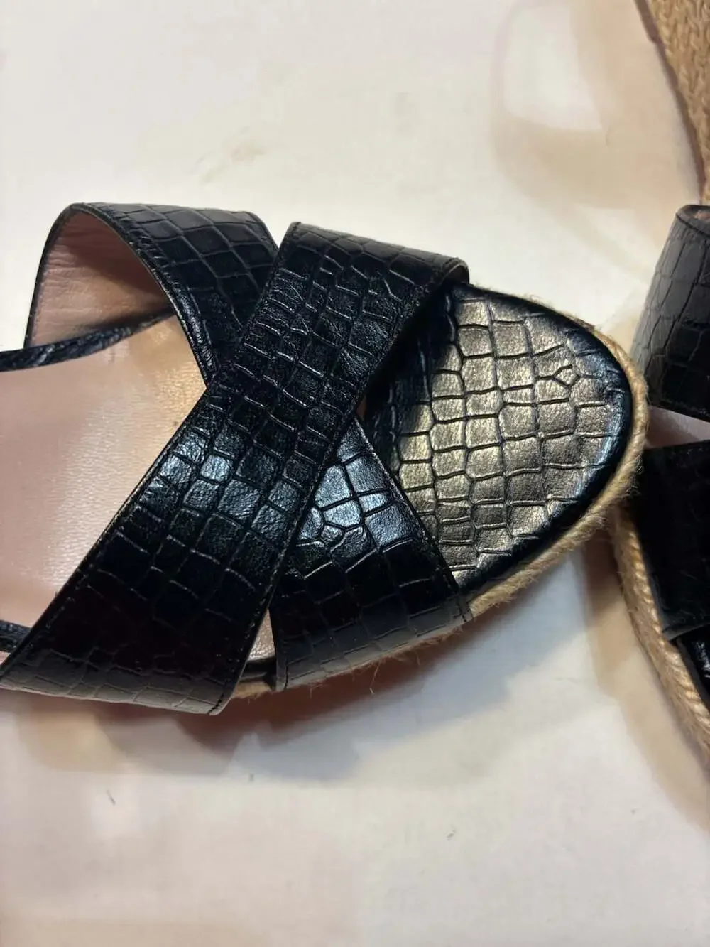 Stuart Weitzman Dayna Black Croc-Embossed Leather Espadrille Wedge Sandals